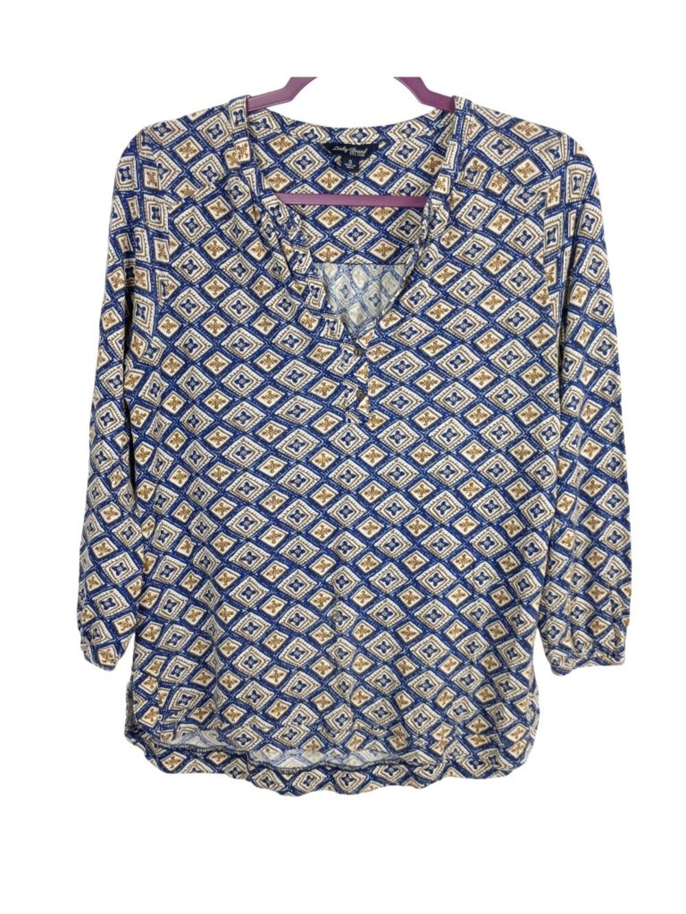 Lucky Brand Peasant Blouse Womens S Blue Geometric Split Neck 3/4 Sleeve Boho
